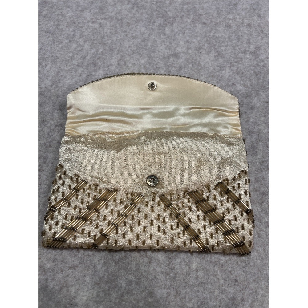 Vintage Clutch Gold Bead Sequin‎ Hand Made Hong Kong Envelope Satin Lined Pretty - Picture 3 of 6